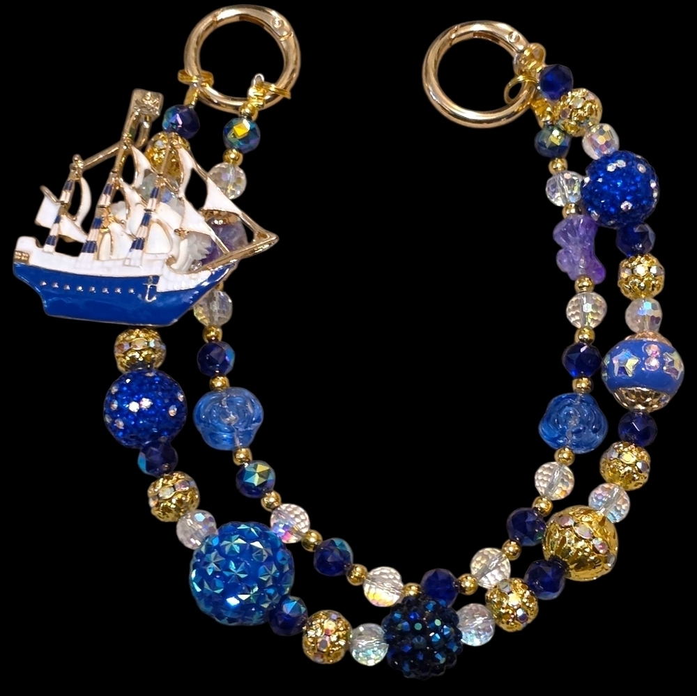 Elegant Gold and Blue Sail Boat Bag Charm / Keychain